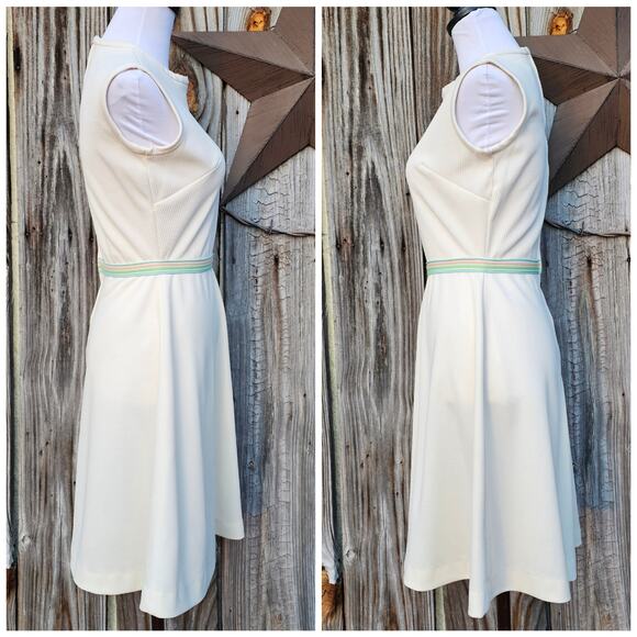 VTG Fit Flare Dress Off White Double Knit Sleeveless Pastel Stripe Vintage 70s - Picture 2 of 8